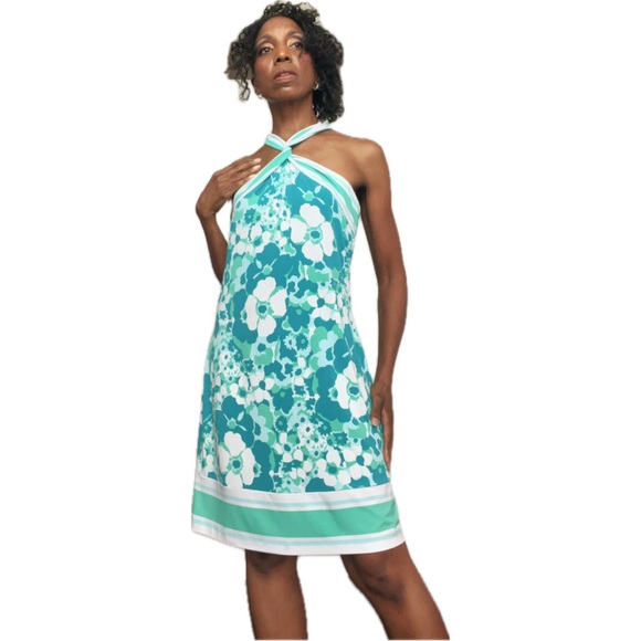 MICHAEL KORS•SIZE L•BLUE, GREEN, WHITE FLORAL HALTER DRESS - Picture 1 of 5